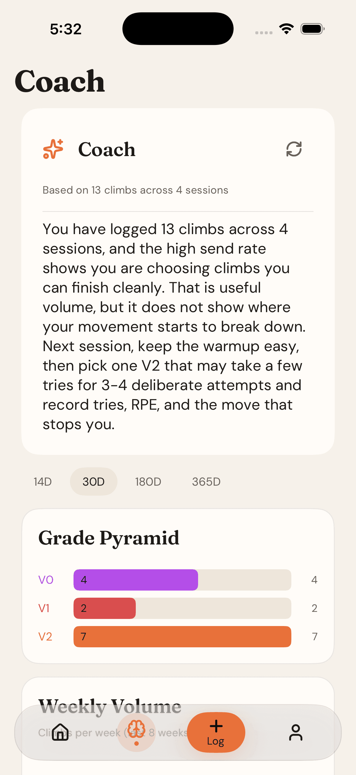 BetaFlow Coach screen with climbing progress insights