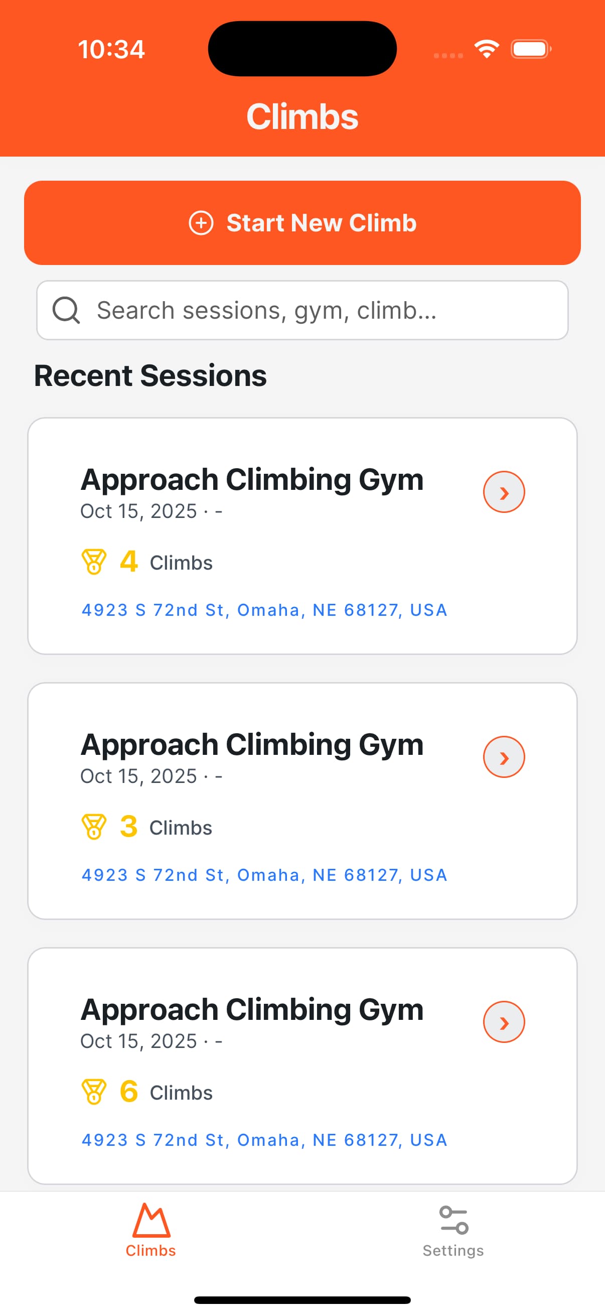 Beta Flow recent sessions list screen