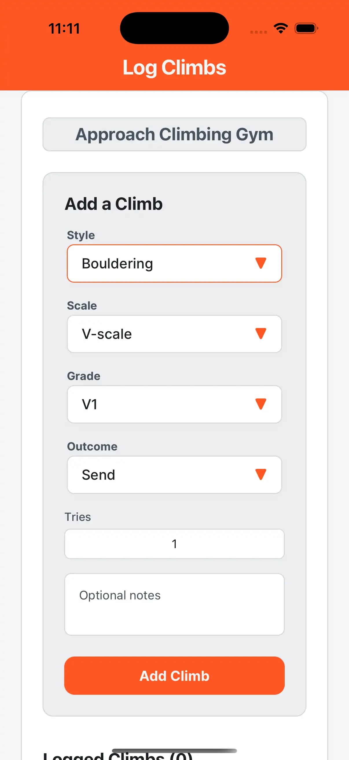 Beta Flow climb logging interface